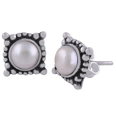 Alluring Rawa Work Around Pearl Round Shape 925 Sterling Solid Silver Studs Earrings - R6100575-7