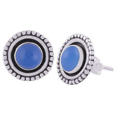 Gorgeous Rawa Work Around Blue Chalcedony Round Shape 925 Sterling Solid Silver Studs Earrings - R6100579-14