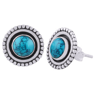 Gorgeous Rawa Work Around Turquoise Round Shape 925 Sterling Solid Silver Studs Earrings - R6100579-3