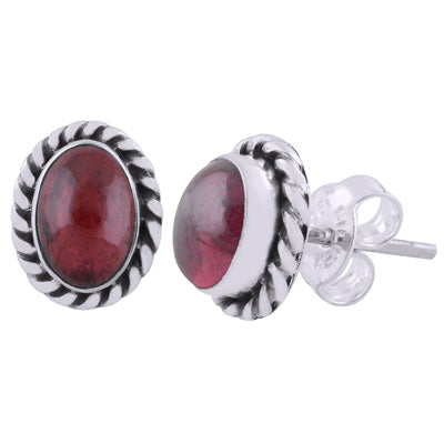 Authentic Wire Work Around Garnet Oval Shape 925 Sterling Solid Silver Studs Earrings - R6100580-2