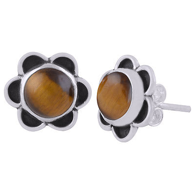 Beautiful Handcrafted Flower Tiger's Eye Round Shape 925 Sterling Solid Silver Studs Earrings - R6100587-10