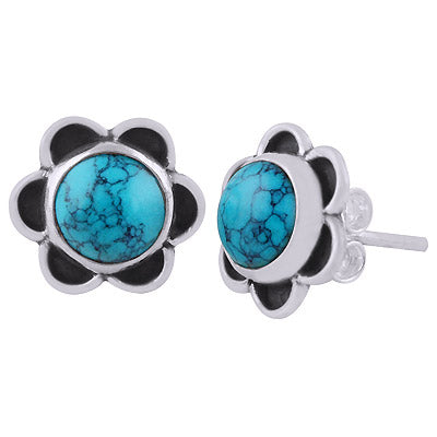 Beautiful Handcrafted Flower Turquoise Round Shape 925 Sterling Solid Silver Studs Earrings - R6100587-3
