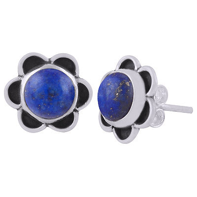 Beautiful Handcrafted Flower Lapis Round Shape 925 Sterling Solid Silver Studs Earrings - R6100587-6