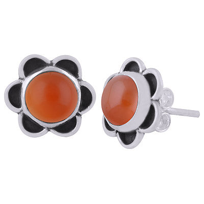 Beautiful Handcrafted Flower Carnelian Round Shape 925 Sterling Solid Silver Studs Earrings - R6100587-7