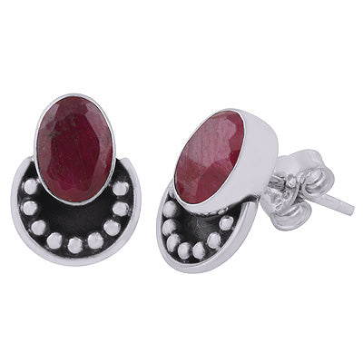 Alluring Rawa Work At Bottom Red Corundum Oval Shape 925 Sterling Solid Silver Studs Earrings - R6100589-10
