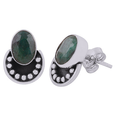 Alluring Rawa Work At Bottom Green Corundum Oval Shape 925 Sterling Solid Silver Studs Earrings - R6100589-11