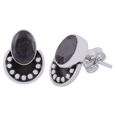 Alluring Rawa Work At Bottom Blue Corundum Oval Shape 925 Sterling Solid Silver Studs Earrings - R6100589-12