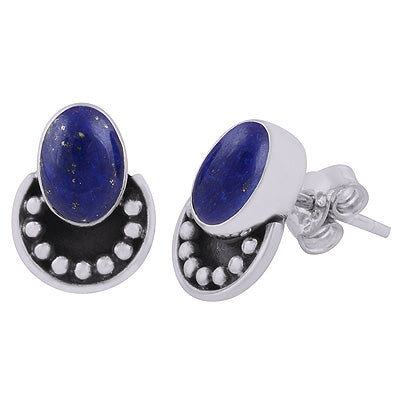 Alluring Rawa Work At Bottom Lapis Oval Shape 925 Sterling Solid Silver Studs Earrings - R6100589-6