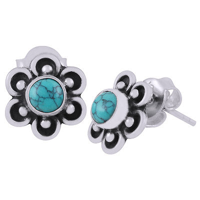 Beautiful Flower Work Around Turquoise Round Shape 925 Sterling Solid Silver Stud Earrings - R6100590-23