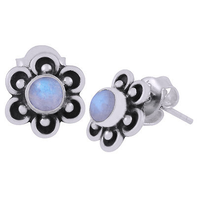 Beautiful Flower Work Around Rainbow Moonstone Round Shape 925 Sterling Solid Silver Stud Earrings - R6100590-24