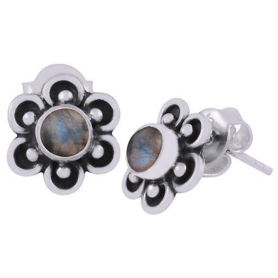 Beautiful Flower Work Around Labradorite Round Shape 925 Sterling Solid Silver Stud Earrings - R6100590-25