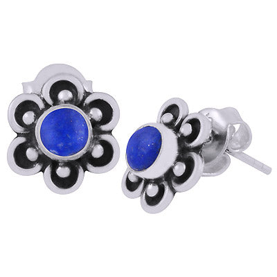 Beautiful Flower Work Around Lapis Round Shape 925 Sterling Solid Silver Stud Earrings - R6100590-26