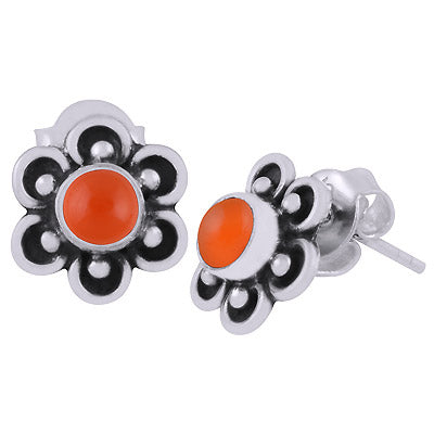 Beautiful Flower Work Around Carnelian Round Shape 925 Sterling Solid Silver Stud Earrings - R6100590-27