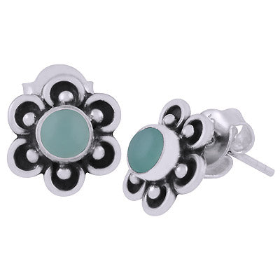 Beautiful Flower Work Around Aqua Chalcedony Round Shape 925 Sterling Solid Silver Stud Earrings - R6100590-30