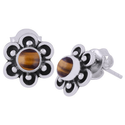Beautiful Flower Work Around Tiger's Eye Round Shape 925 Sterling Solid Silver Stud Earrings - R6100590-31