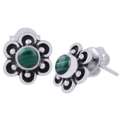 Beautiful Flower Work Around Malachite Round Shape 925 Sterling Solid Silver Stud Earrings - R6100590-34