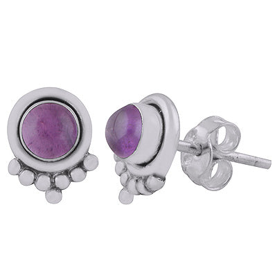 Beautiful Rawa Work at Bottom Amethyst Round Shape 925 Sterling Solid Silver Stud Earrings - R6100591-1