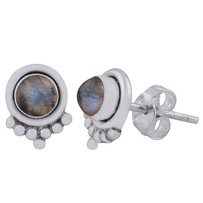 Beautiful Rawa Work at Bottom Labradorite Round Shape 925 Sterling Solid Silver Stud Earrings - R6100591-13