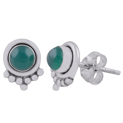 Beautiful Rawa Work at Bottom Green Onyx Round Shape 925 Sterling Solid Silver Stud Earrings - R6100591-15