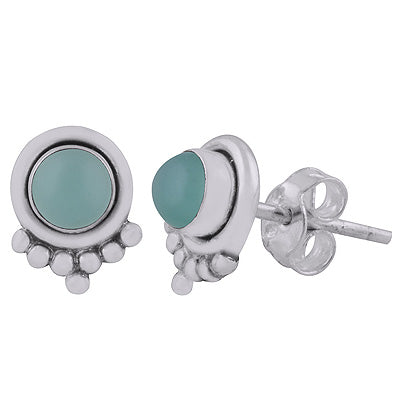 Beautiful Rawa Work at Bottom Aqua Chalcedony Round Shape 925 Sterling Solid Silver Stud Earrings - R6100591-17