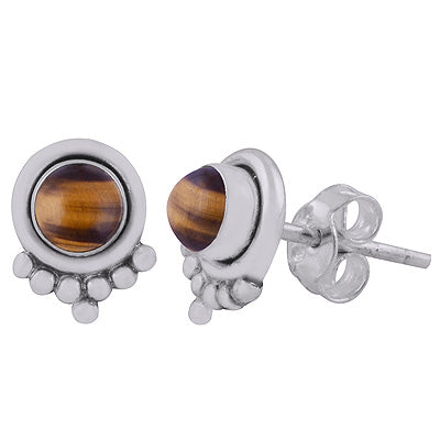 Beautiful Rawa Work at Bottom Tiger's Eye Round Shape 925 Sterling Solid Silver Stud Earrings - R6100591-18