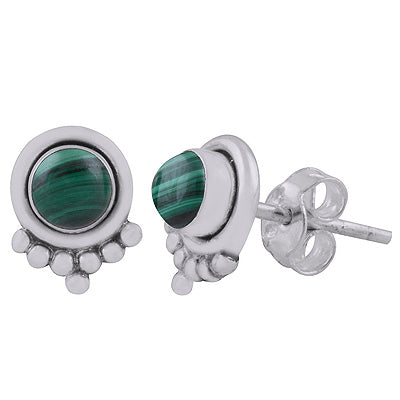 Beautiful Rawa Work at Bottom Malachite Round Shape 925 Sterling Solid Silver Stud Earrings - R6100591-19