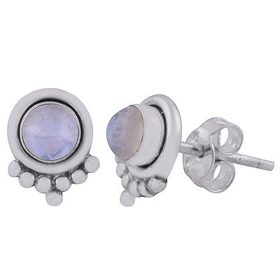 Beautiful Rawa Work at Bottom Rainbow Moonstone Round Shape 925 Sterling Solid Silver Stud Earrings - R6100591-4