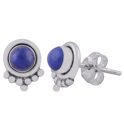 Beautiful Rawa Work at Bottom Lapis Round Shape 925 Sterling Solid Silver Stud Earrings - R6100591-5
