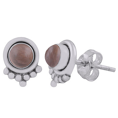 Beautiful Rawa Work at Bottom Rose Quartz Round Shape 925 Sterling Solid Silver Stud Earrings - R6100591-7