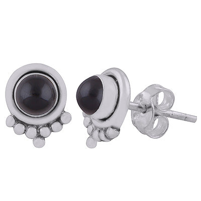 Beautiful Rawa Work at Bottom Black Onyx Round Shape 925 Sterling Solid Silver Stud Earrings - R6100591-9