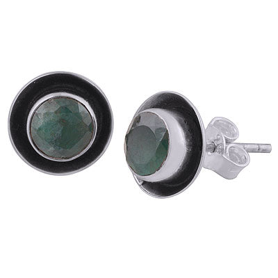 Beautifully Oxidised Around Green Corundum Round Shape 925 Sterling Solid Silver Studs Earrings - R6100593-12