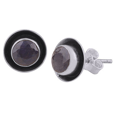 Beautifully Oxidised Around Blue Corundum Round Shape 925 Sterling Solid Silver Studs Earrings - R6100593-13