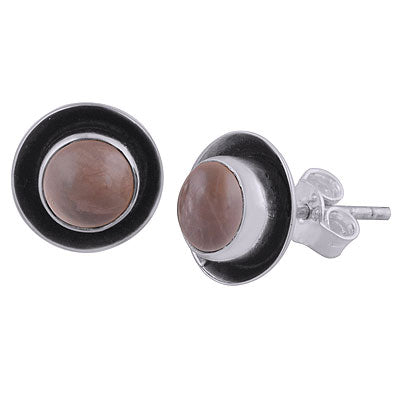 Beautifully Oxidised Around Rose Quartz Round Shape 925 Sterling Solid Silver Studs Earrings - R6100593-8