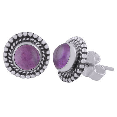 Gorgeous Textured Work Around Amethyst Round Shape 925 Sterling Solid Silver Studs Earrings - R6100594-1