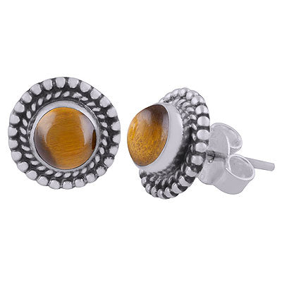 Gorgeous Textured Work Around Tiger's Eye Round Shape 925 Sterling Solid Silver Studs Earrings - R6100594-11