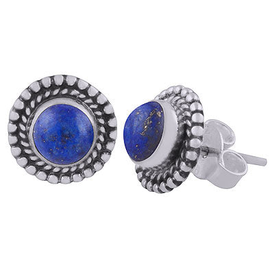 Gorgeous Textured Work Around Lapis Round Shape 925 Sterling Solid Silver Studs Earrings - R6100594-3
