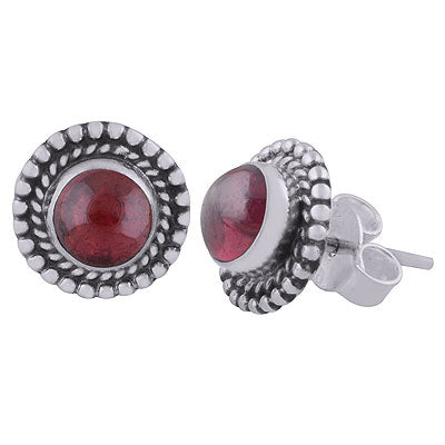 Gorgeous Textured Work Around Garnet Round Shape 925 Sterling Solid Silver Studs Earrings - R6100594-4