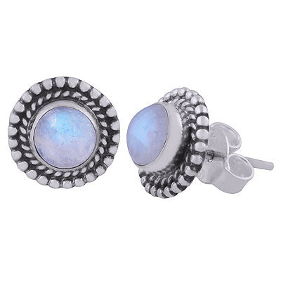 Gorgeous Textured Work Around Rainbow Moonstone Round Shape 925 Sterling Solid Silver Studs Earrings - R6100594-5