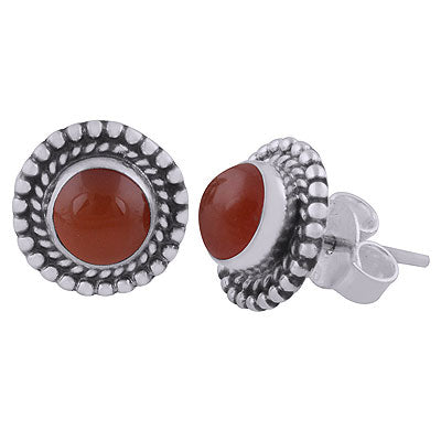 Gorgeous Textured Work Around Carnelian Round Shape 925 Sterling Solid Silver Studs Earrings - R6100594-7