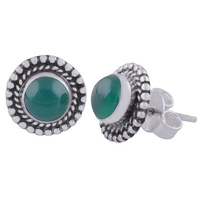 Gorgeous Textured Work Around Green Onyx Round Shape 925 Sterling Solid Silver Studs Earrings - R6100594-8