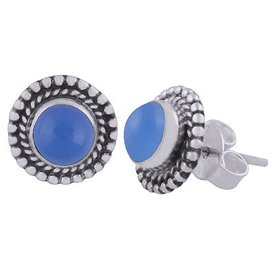 Gorgeous Textured Work Around Blue Chalcedony Round Shape 925 Sterling Solid Silver Studs Earrings - R6100594-9