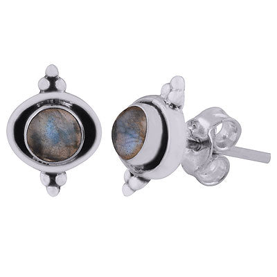 Minimal Rawa Work Around Labradorite Round Shape 925 Sterling Solid Silver Stud Earrings - R6100597-35