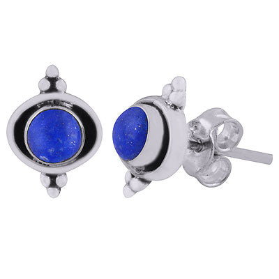 Minimal Rawa Work Around Lapis Round Shape 925 Sterling Solid Silver Stud Earrings - R6100597-36