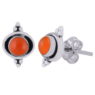 Minimal Rawa Work Around Carnelian Round Shape 925 Sterling Solid Silver Stud Earrings - R6100597-37
