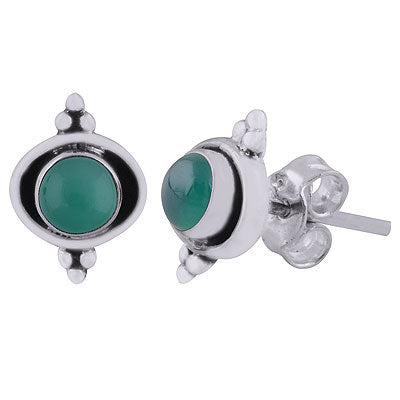 Minimal Rawa Work Around Green Onyx Round Shape 925 Sterling Solid Silver Stud Earrings - R6100597-38