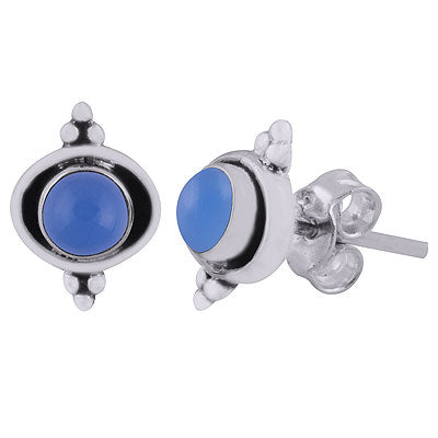 Minimal Rawa Work Around Blue Chalcedony Round Shape 925 Sterling Solid Silver Stud Earrings - R6100597-39