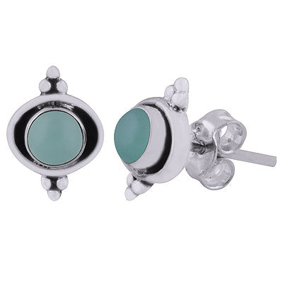 Minimal Rawa Work Around Aqua Chalcedony Round Shape 925 Sterling Solid Silver Stud Earrings - R6100597-40