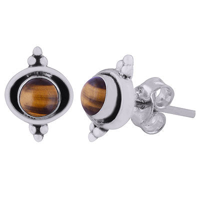 Minimal Rawa Work Around Tiger's Eye Round Shape 925 Sterling Solid Silver Stud Earrings - R6100597-41