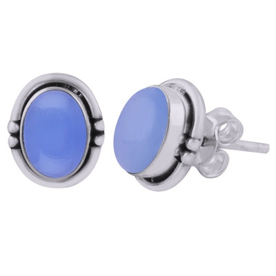 Stunning Handwork Around Blue Chalcedony Oval Shape 925 Sterling Solid Silver Studs Earrings - R6100598-15