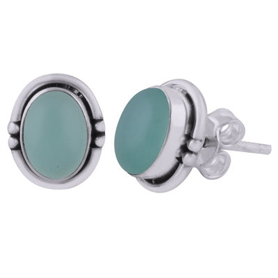Stunning Handwork Around Aqua Chalcedony Oval Shape 925 Sterling Solid Silver Studs Earrings - R6100598-16